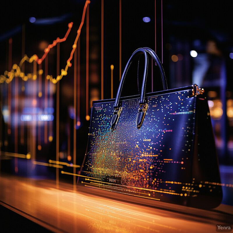 A black leather handbag with gold accents is displayed on a wooden table or shelf in an indoor setting.