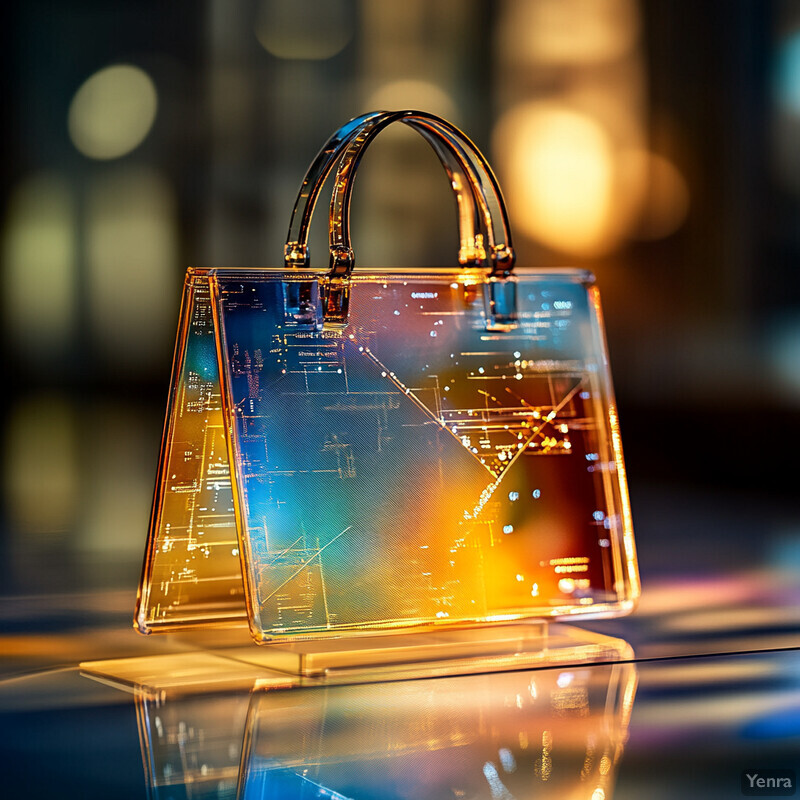 A handbag is placed on a reflective surface in an indoor setting, showcasing its gold and blue accents.