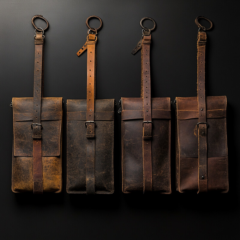 Five brown leather pouches arranged in a row against a black background.