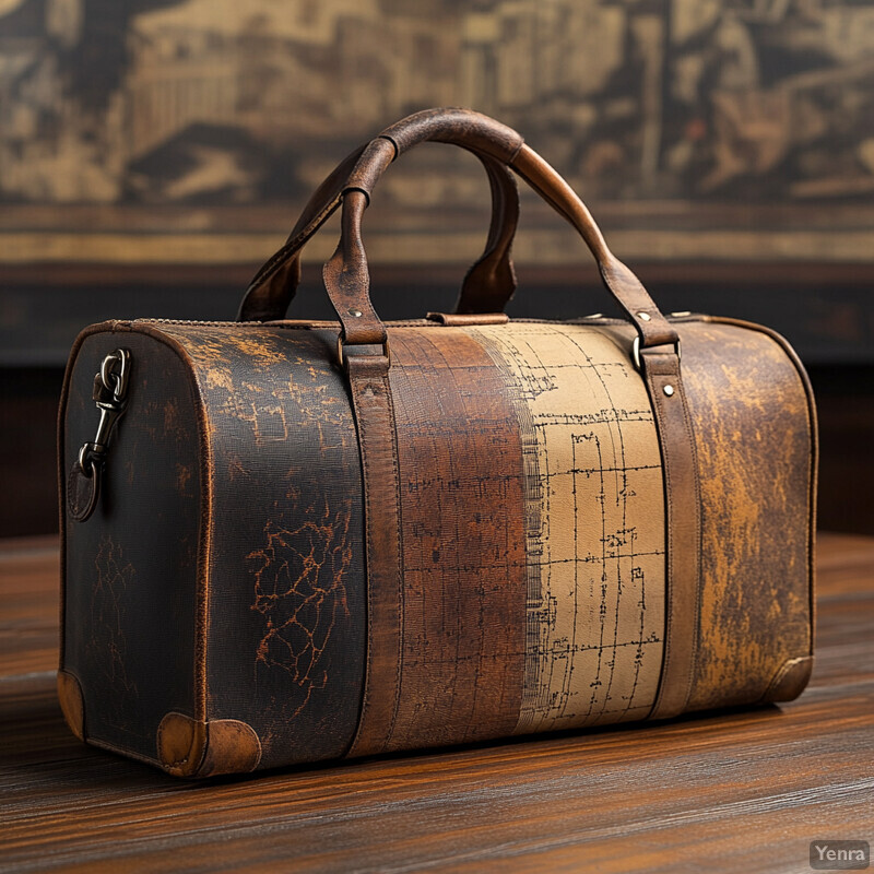 An old-fashioned leather bag with a handle and strap sits on a wooden table or floor.