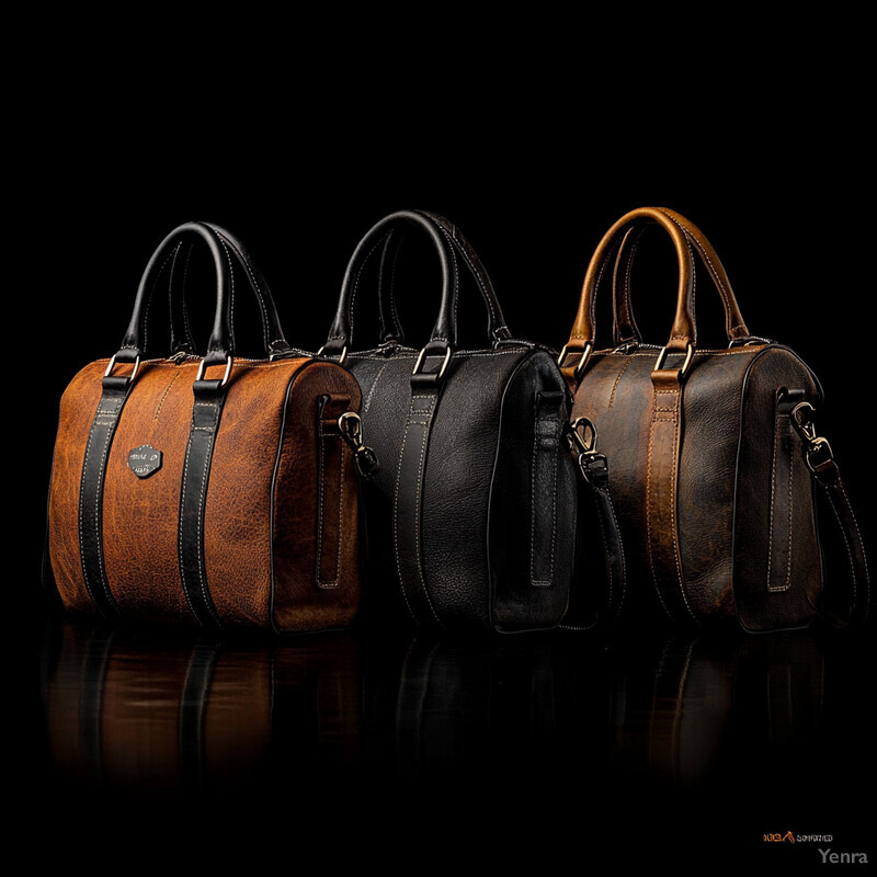 Four leather bags with handles and straps are arranged in a row on a reflective surface against a dark background.