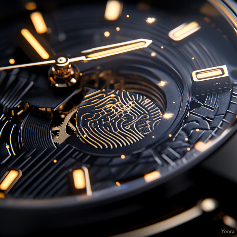 A close-up view of a luxurious black clock face with gold accents and a unique fingerprint-like pattern at its center.