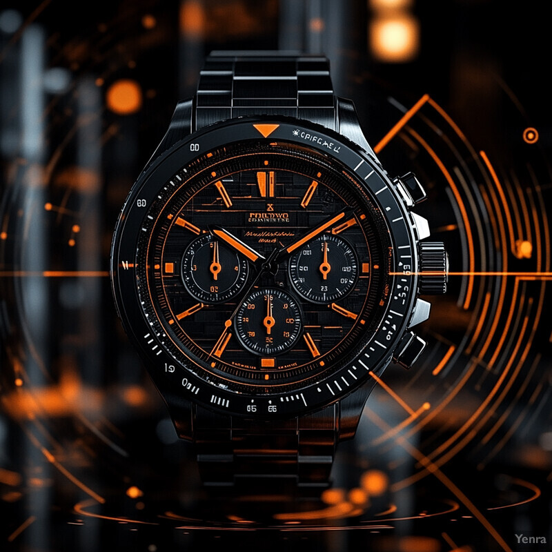 A black watch with orange accents and white details set against a dark background.