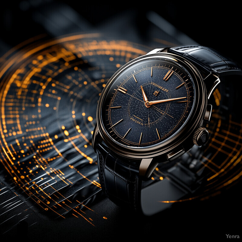 A high-end black watch with a leather strap and gold accents is showcased in an urban setting.