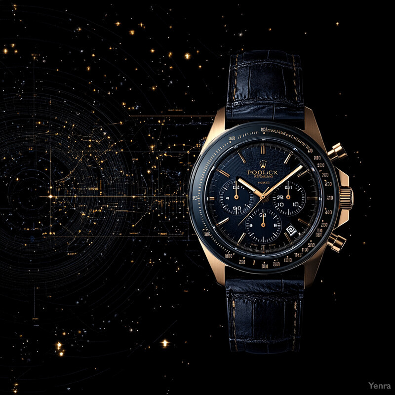 A high-end watch with a black leather strap is showcased against a starry night sky background.