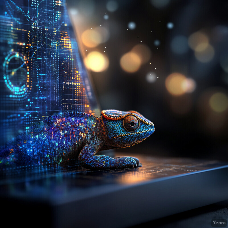 A chameleon with iridescent scales is set against a backdrop of circuitry patterns and glowing orbs, evoking a sense of dynamic adaptability.