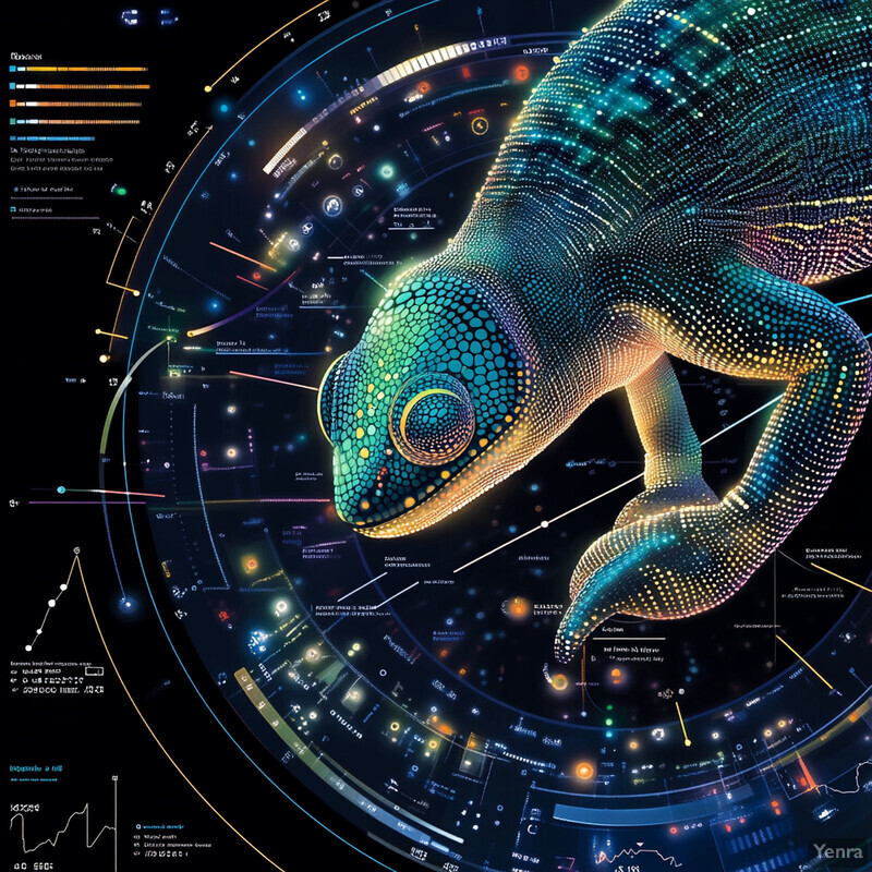 A futuristic representation of a chameleon with its skin resembling circuit boards or computer chips.