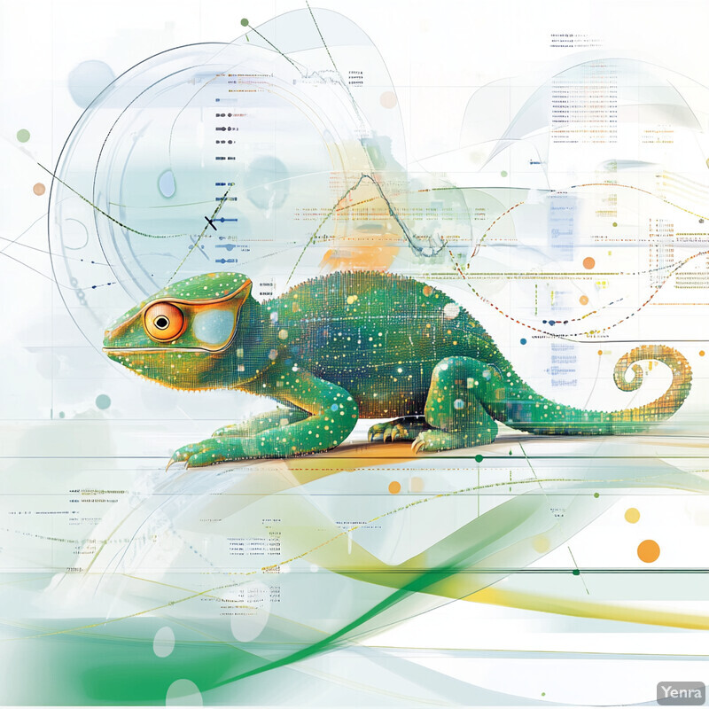 A dynamic composition featuring a green chameleon merged with abstract design elements.