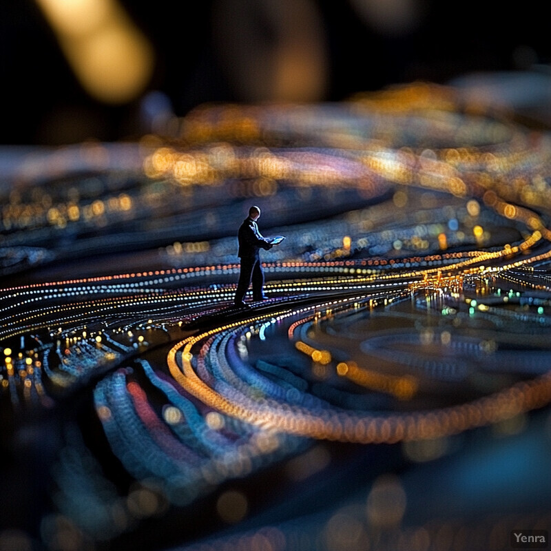 Two miniature human figures stand on a large, circular object with intricate patterns and lights, resembling a vinyl record or similar disc.