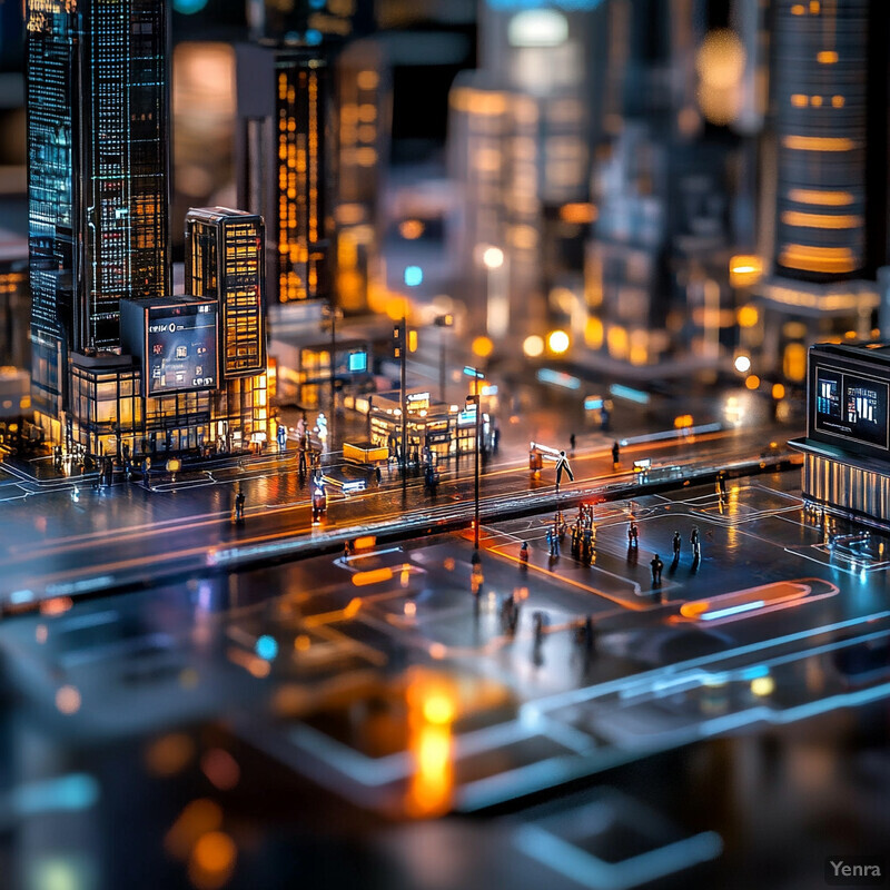 A futuristic cityscape at night, with towering skyscrapers and neon-lit streets.