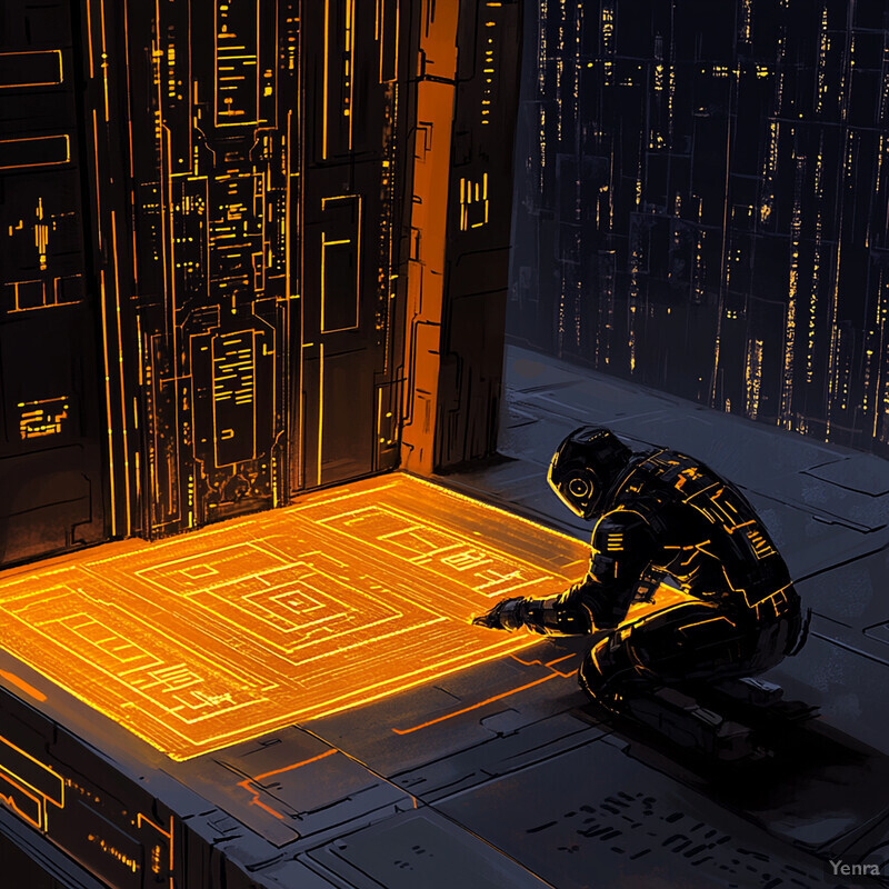 An astronaut kneels on a metallic floor surrounded by circuitry and wires.