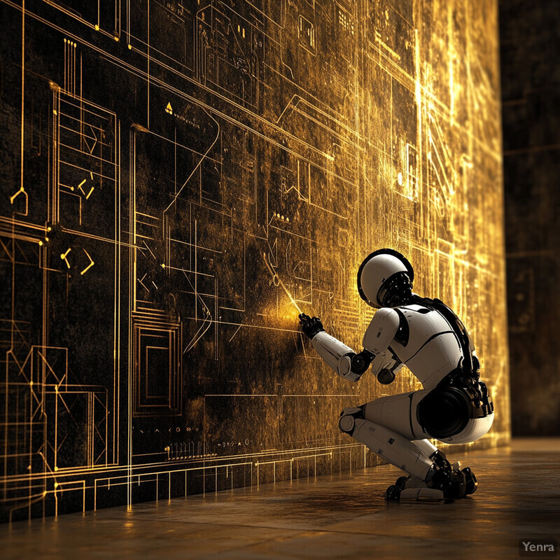 A robot stands in front of a wall covered in gold circuitry patterns, its head tilted towards the wall as if it is about to interact with something.