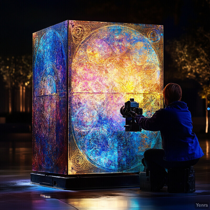 A man photographs a large, illuminated box with intricate designs in an indoor setting.