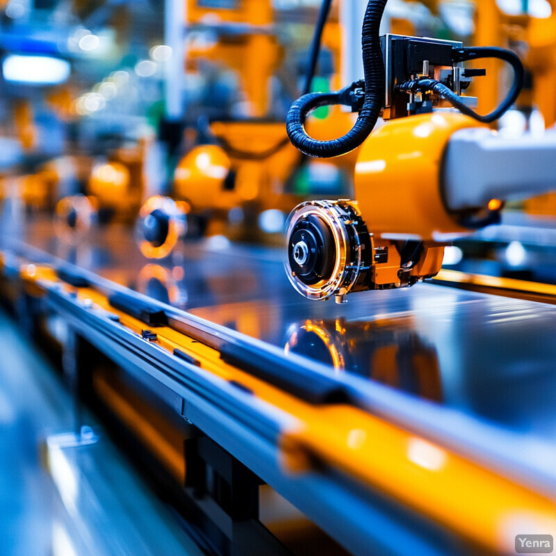 The image shows a manufacturing facility with various machines and equipment, including a series of orange-bodied machines connected by wires and tubes.