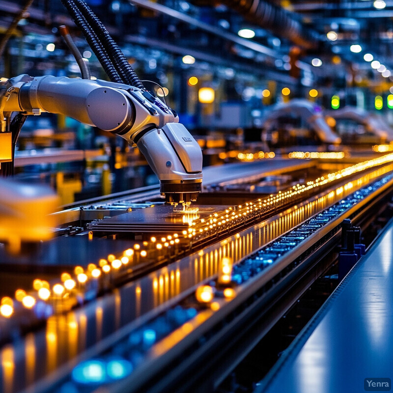 Robots and conveyors in an industrial facility.