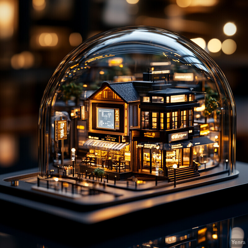 A miniature model of a cityscape within a glass dome, illuminated by warm golden lights, displayed in an office or conference room setting.