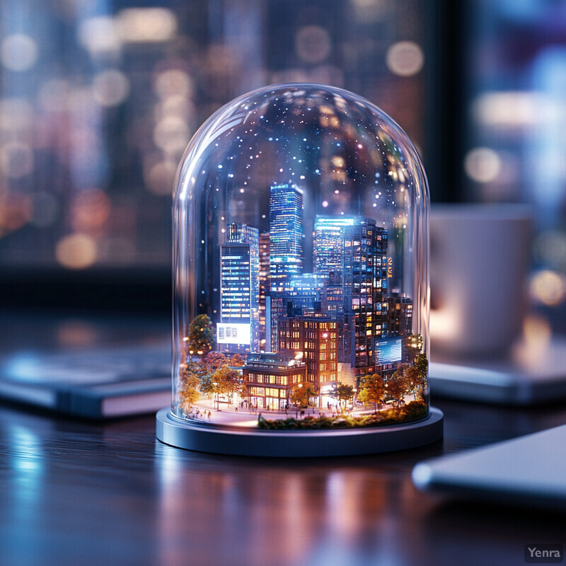 A miniature cityscape is encased within a glass dome on a dark wooden table, surrounded by modern office equipment.