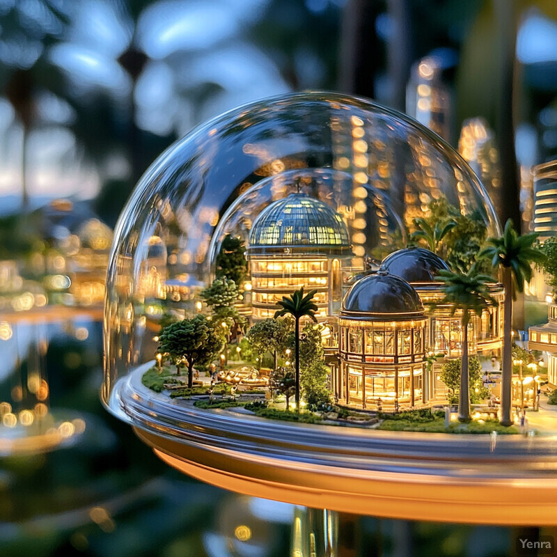 A miniature cityscape is encased in a glass dome, featuring intricate details and vibrant colors.