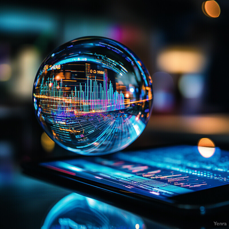 A crystal ball with a blue and orange hue sits on a flat surface in an indoor setting.