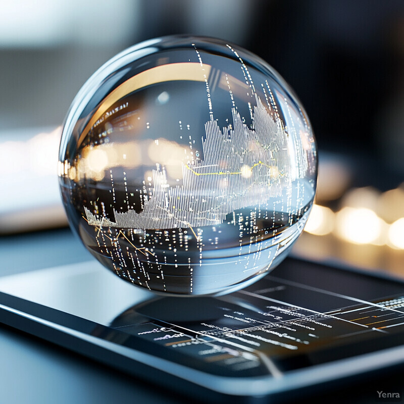 A glass globe sits on a tablet displaying a line graph, reflecting the surrounding environment and conveying a sense of professionalism.