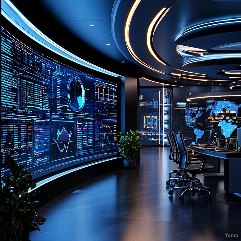 A futuristic control room with a large screen displaying graphs and charts, suggesting data analysis or monitoring activities.