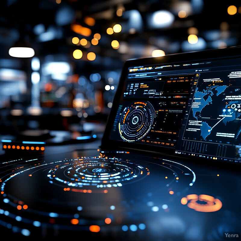 A futuristic control room with a large screen displaying graphs and charts.