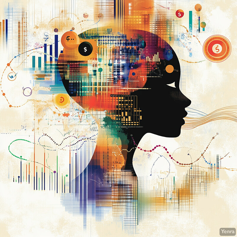 An abstract representation of integration of behavioral economics, featuring a silhouette of a person's head and neck in black surrounded by geometric shapes, lines, and symbols.