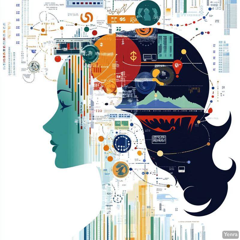 The image depicts a woman's profile surrounded by various objects related to finance and economics.