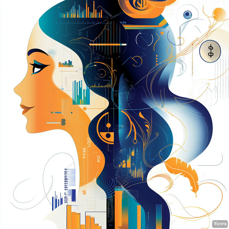 An abstract illustration of a woman's profile with flowing hair and shapes, featuring orange and blue hues.