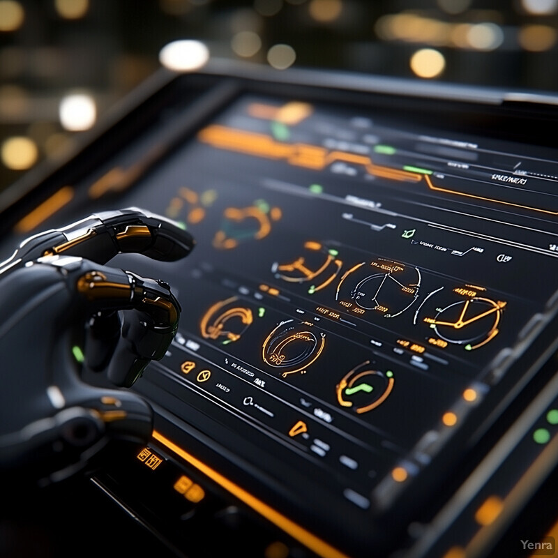 A robotic hand hovers above a screen displaying various graphs and charts.