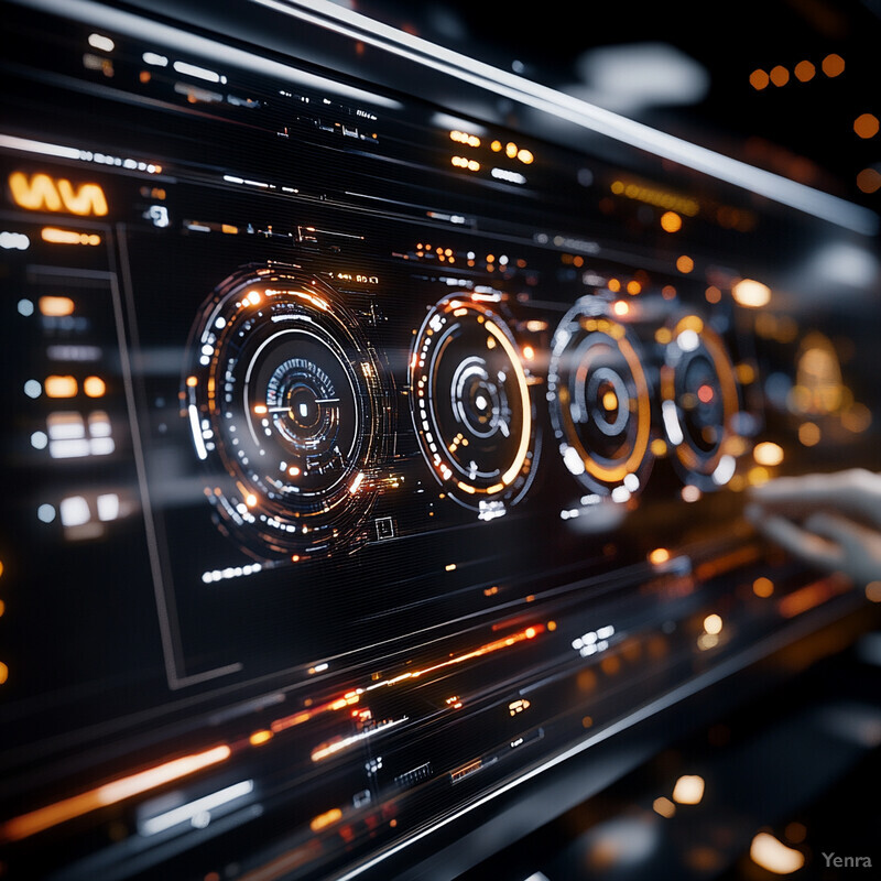 A futuristic interface with circular buttons or dials on a black background with orange accents.