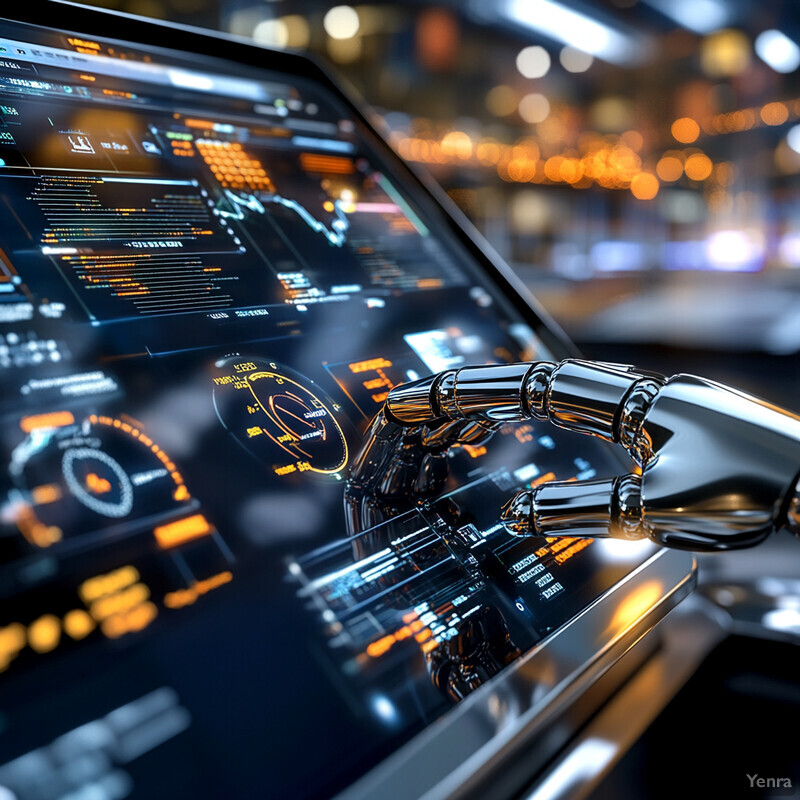 A robot stands in front of a computer monitor displaying a graph related to energy production and consumption.