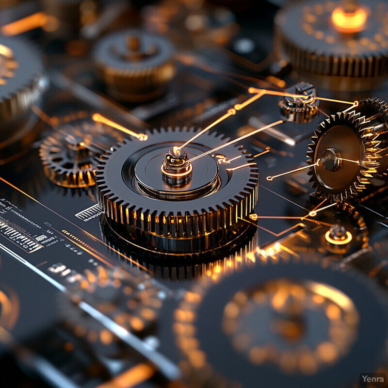 A collection of mechanical components, including gears and cogs, are arranged in a seemingly random pattern on a dark background.