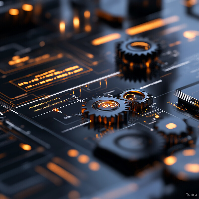 A futuristic computer motherboard or circuit board with various components and wires arranged in an intricate pattern.