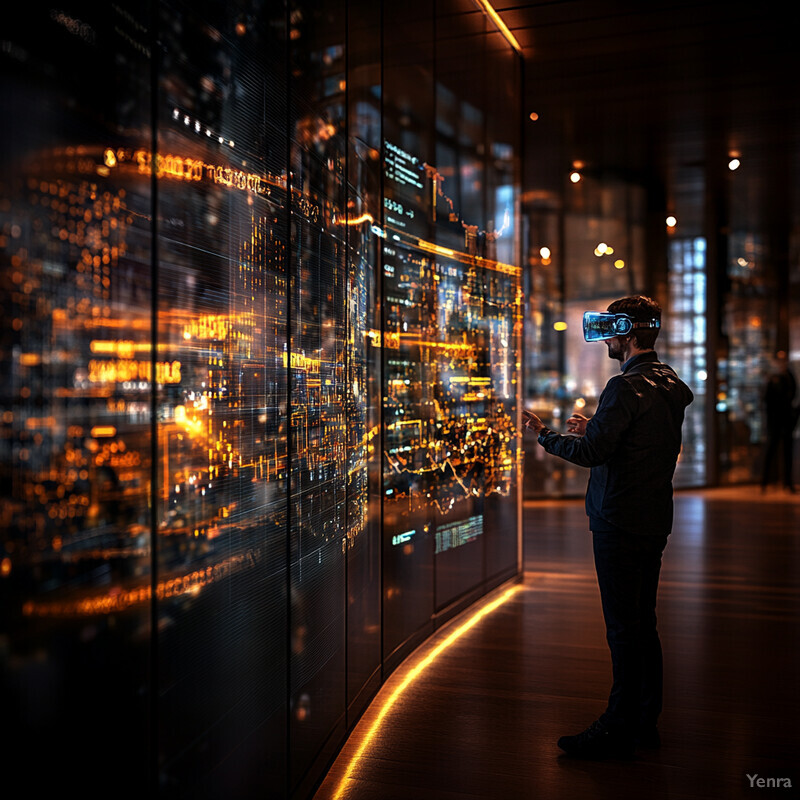 A man wearing virtual reality goggles stands in front of a large screen displaying a futuristic cityscape.