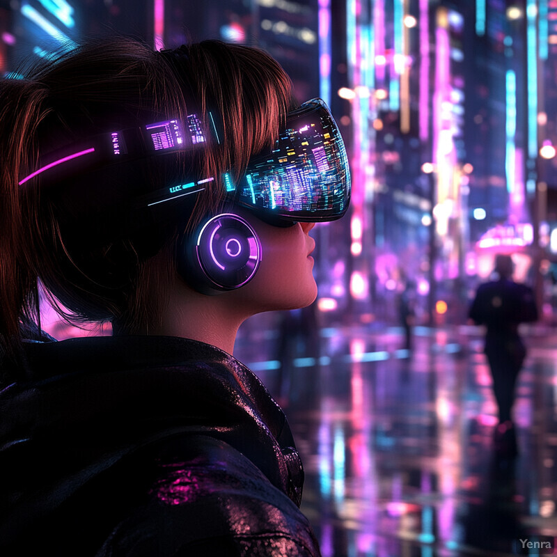 A person stands in front of a large screen displaying a cityscape at night, using augmented reality-enabled sunglasses and a small device to interact with the virtual environment.