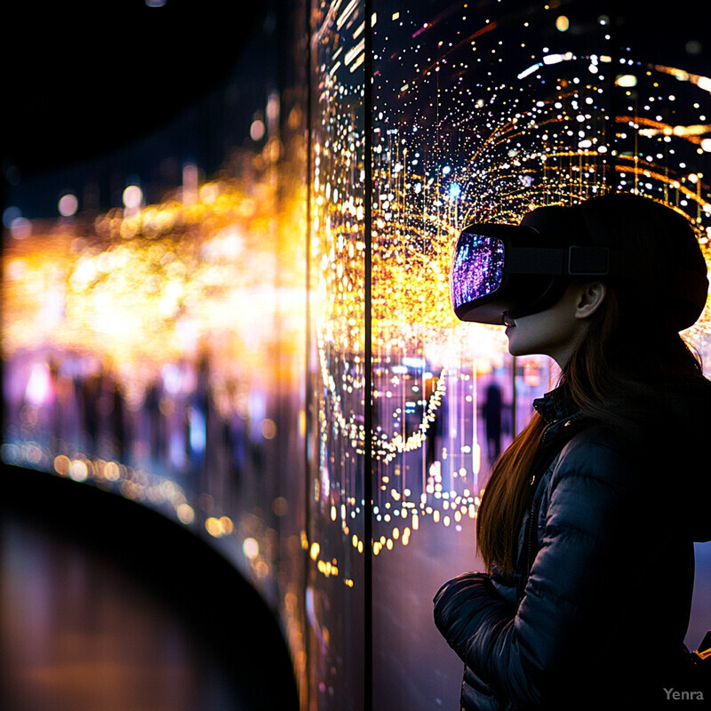 A woman wearing virtual reality goggles stands in front of a large screen displaying a starry night sky.