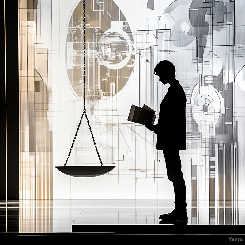 A man stands in front of a scale, holding two books and surrounded by geometric shapes.