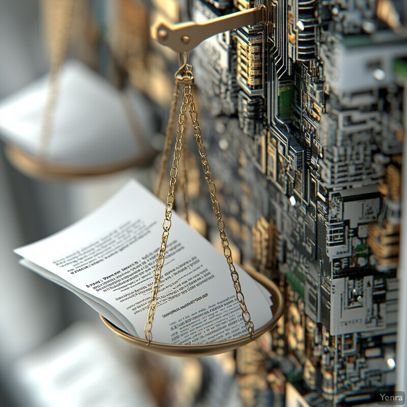 A scale with a white paper and a circuit board on either side, conveying a sense of balance and precision.