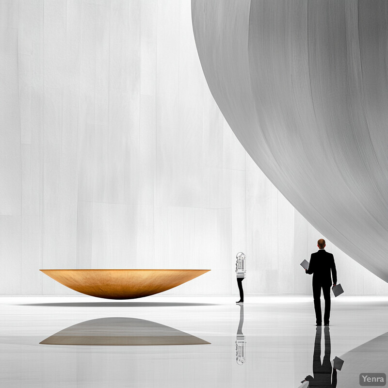 A minimalist room with a large, curved wall and a small, round object in the center of the floor.