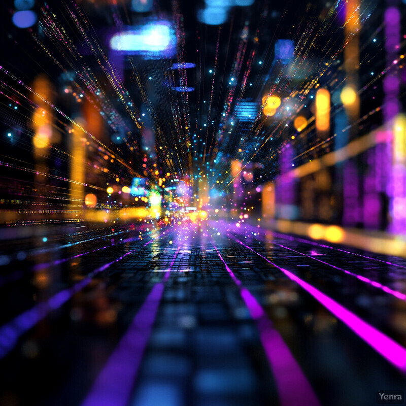 A cityscape at night, illuminated by neon lights and bustling with activity.