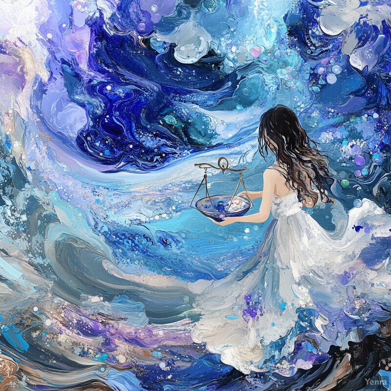 A captivating painting of a woman in a flowing white dress holding an ornate gold scale, set against a swirling blue and purple backdrop.