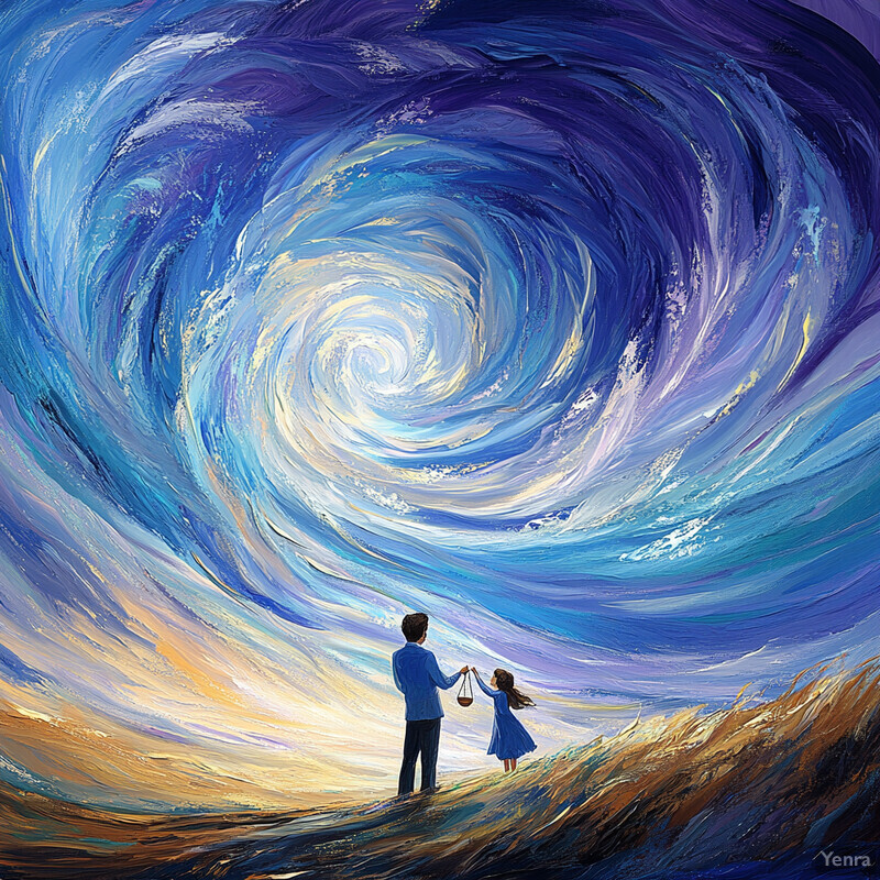 A man and a young girl stand on a hill, gazing up at a swirling vortex in the sky.