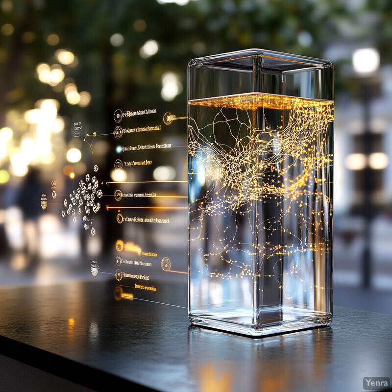 A glass cylinder containing water with gold and white light emanating from it, set against a blurred outdoor background.