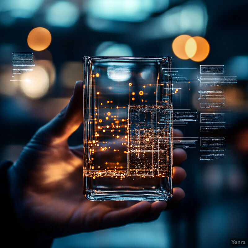 A close-up view of a glass container with an intricate circuit board design on its surface.