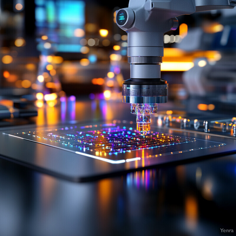 A microscope with a silver arm and blue light is focused on a small, square-shaped object emitting a bright blue light in a laboratory setting.