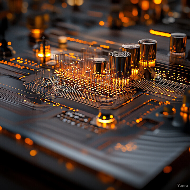 A futuristic-looking circuit board with various components and wires.