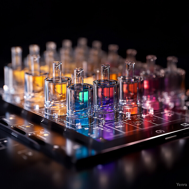 A collection of glass vials with different colored liquids on a metal tray in a laboratory or scientific setting.