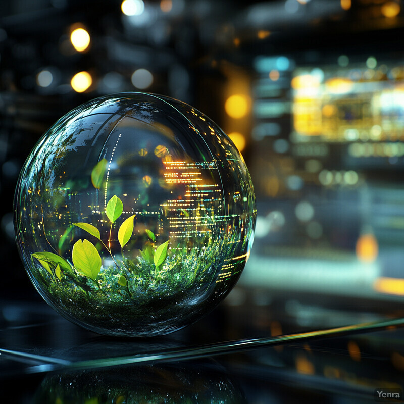 A glass sphere containing a plant and possibly other objects is placed on a reflective surface indoors.