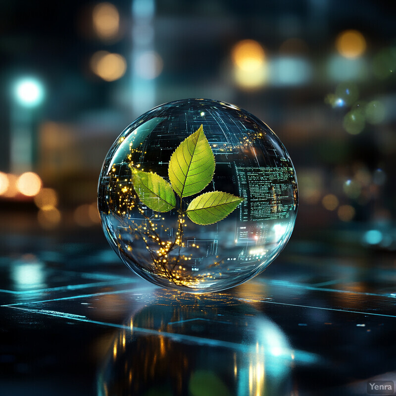 A glass sphere with a green plant inside is placed on top of an abstract blue and white surface in a cityscape.